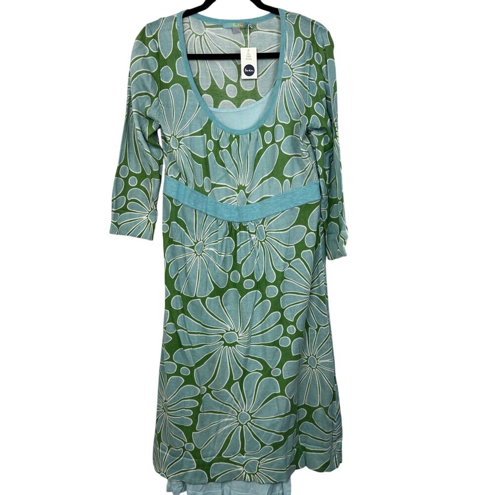 BODEN Knit 100% Cotton 3/4 Sleeve Sweater Dress Aqua Green Floral Size U.S. 12